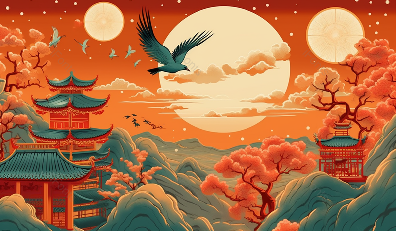 山川植被建筑喜鹊喜庆国潮背景,插画/手绘图,插画/手绘图库,插画/手绘图下载,插画/手绘